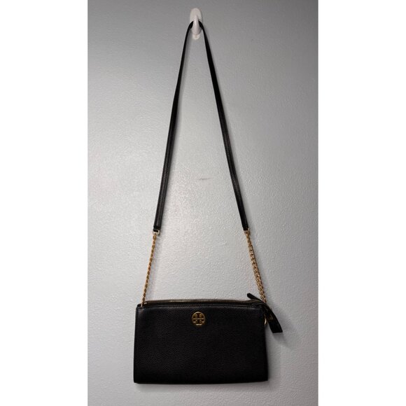 Tory Burch Black Leather Mini Everly Crossbody Bag Purse Gold Chain Logo - Picture 1 of 11